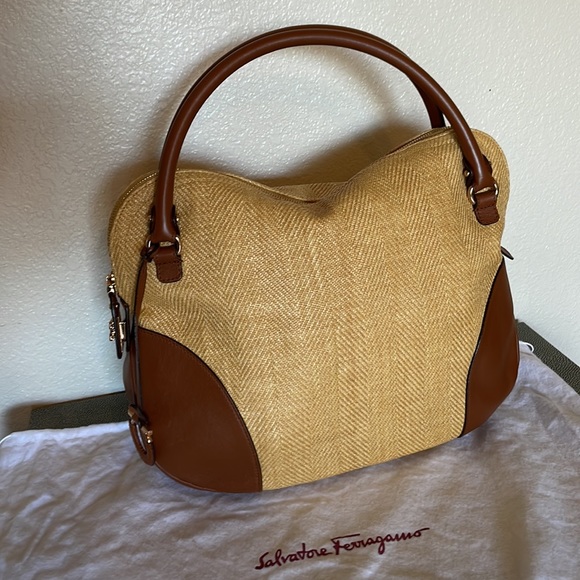NWOT - SALVATORE FERRAGAMO Yellow/Brown Woven Raffia and Leather Gancio Satchel - Picture 12 of 12